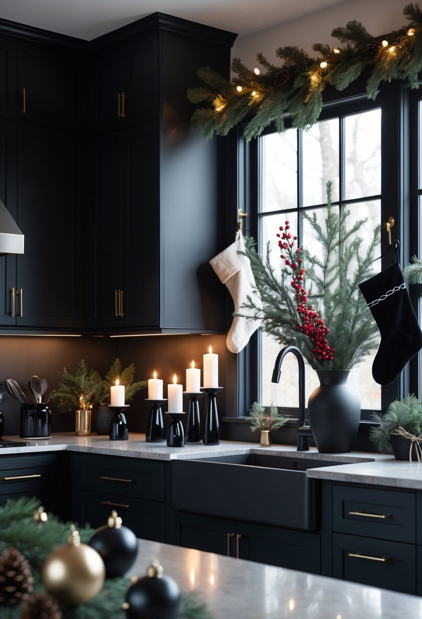 A modern kitchen decorated for Christmas with black accents including black cabinets, black candle holders, ornaments, and greenery on the countertops and island.