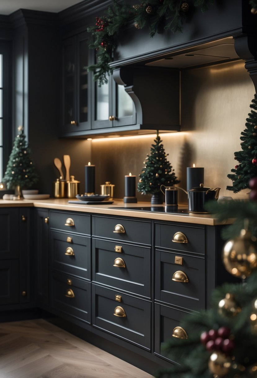 A kitchen decorated for Christmas with black accents and metallic brass details, featuring dark cabinets, brass fixtures, pine garlands, and candles.