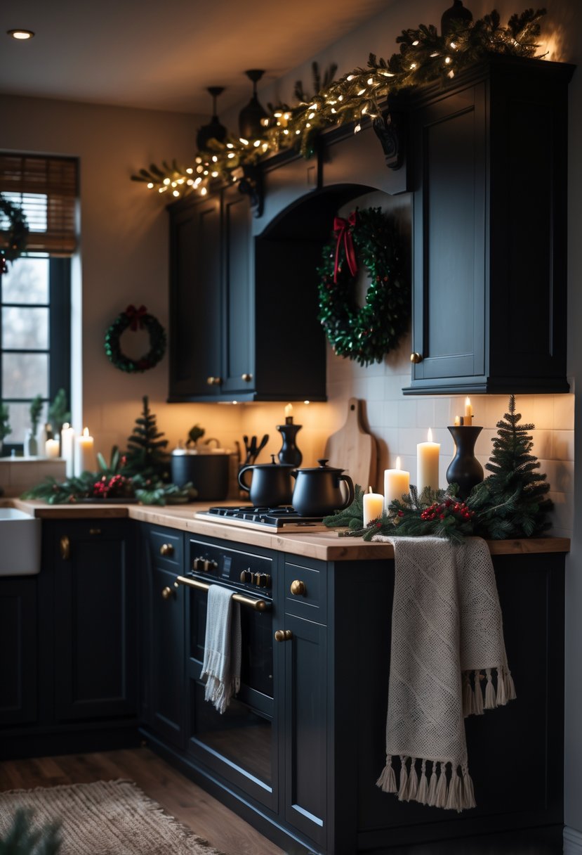 A cozy kitchen decorated for Christmas with black accents, warm lighting, and festive greenery creating a welcoming holiday scene.