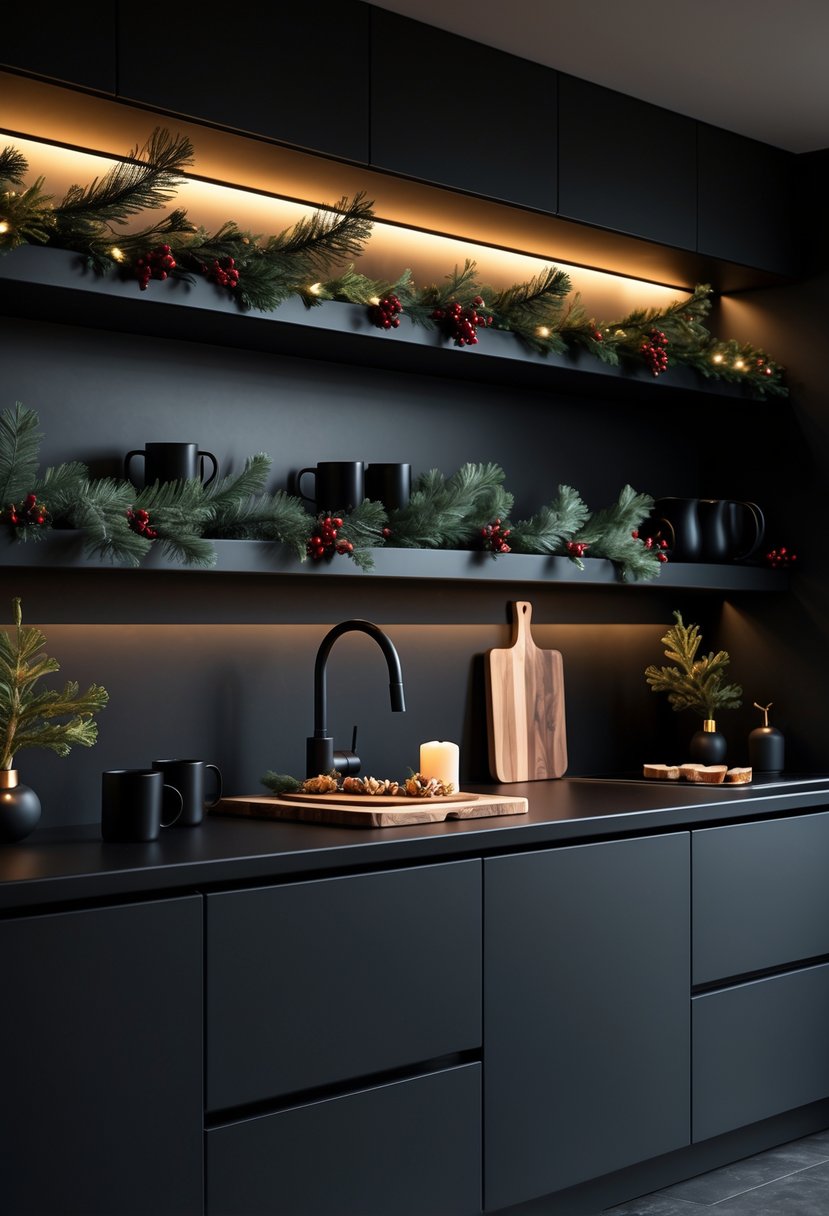 A kitchen with open shelves and countertops decorated with Christmas greenery, red berries, candles, and black kitchenware.