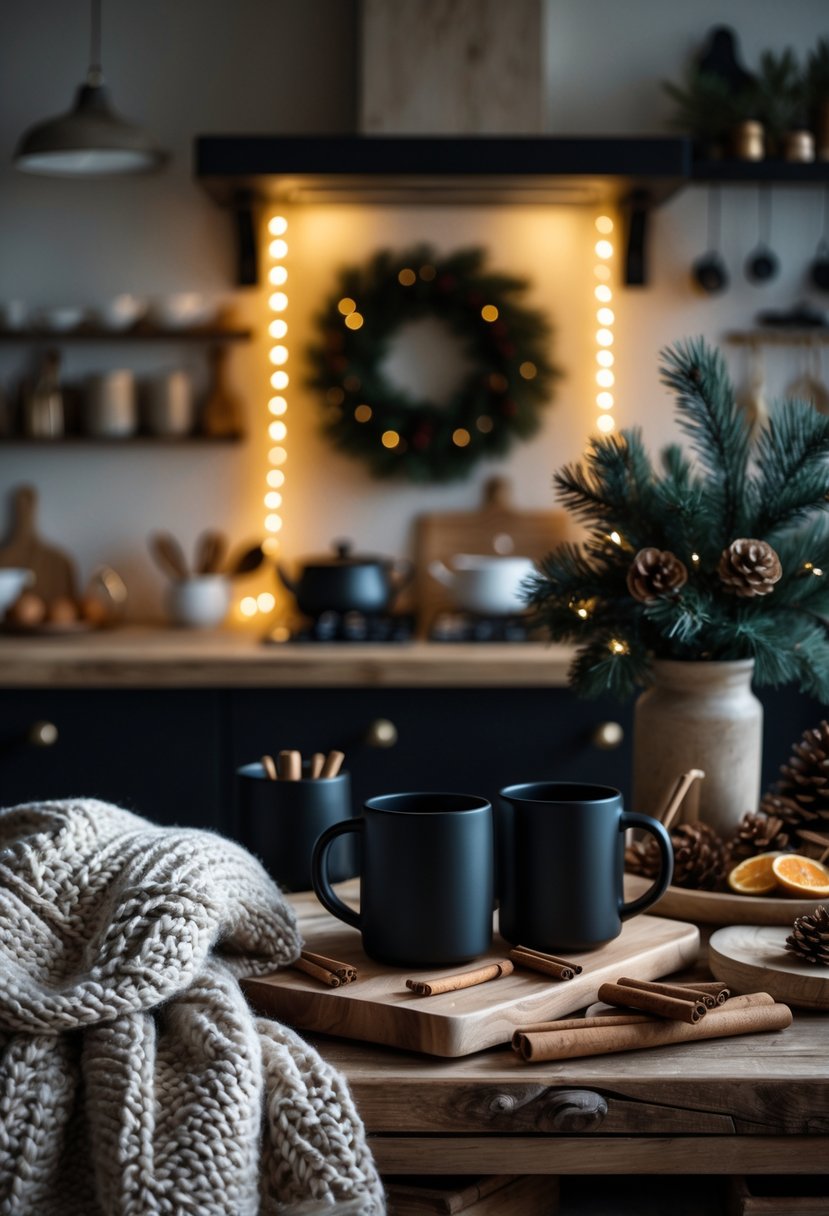 A cozy kitchen decorated for Christmas with warm textures, black accents, and soft glowing lights on the counters and shelves.