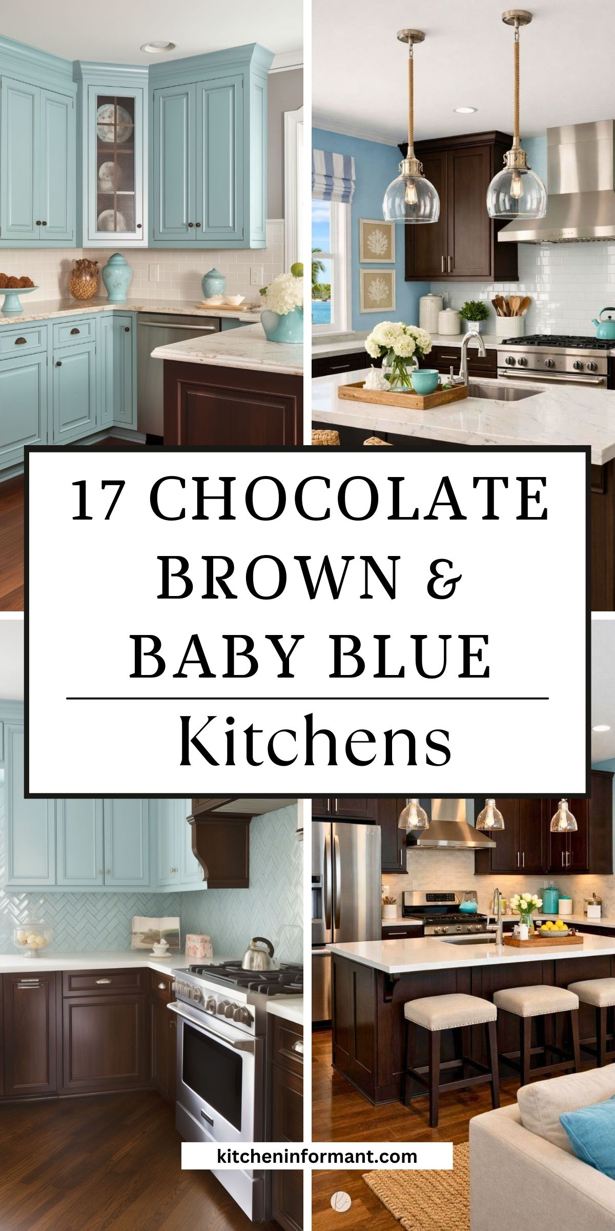 Collage-style Pinterest pin with four kitchen interiors featuring baby blue cabinets, chocolate brown cabinetry, white countertops, and stainless steel appliances. Center text reads: “17 CHOCOLATE BROWN & BABY BLUE Kitchens.” Bottom text: “kitcheninformant.com.”