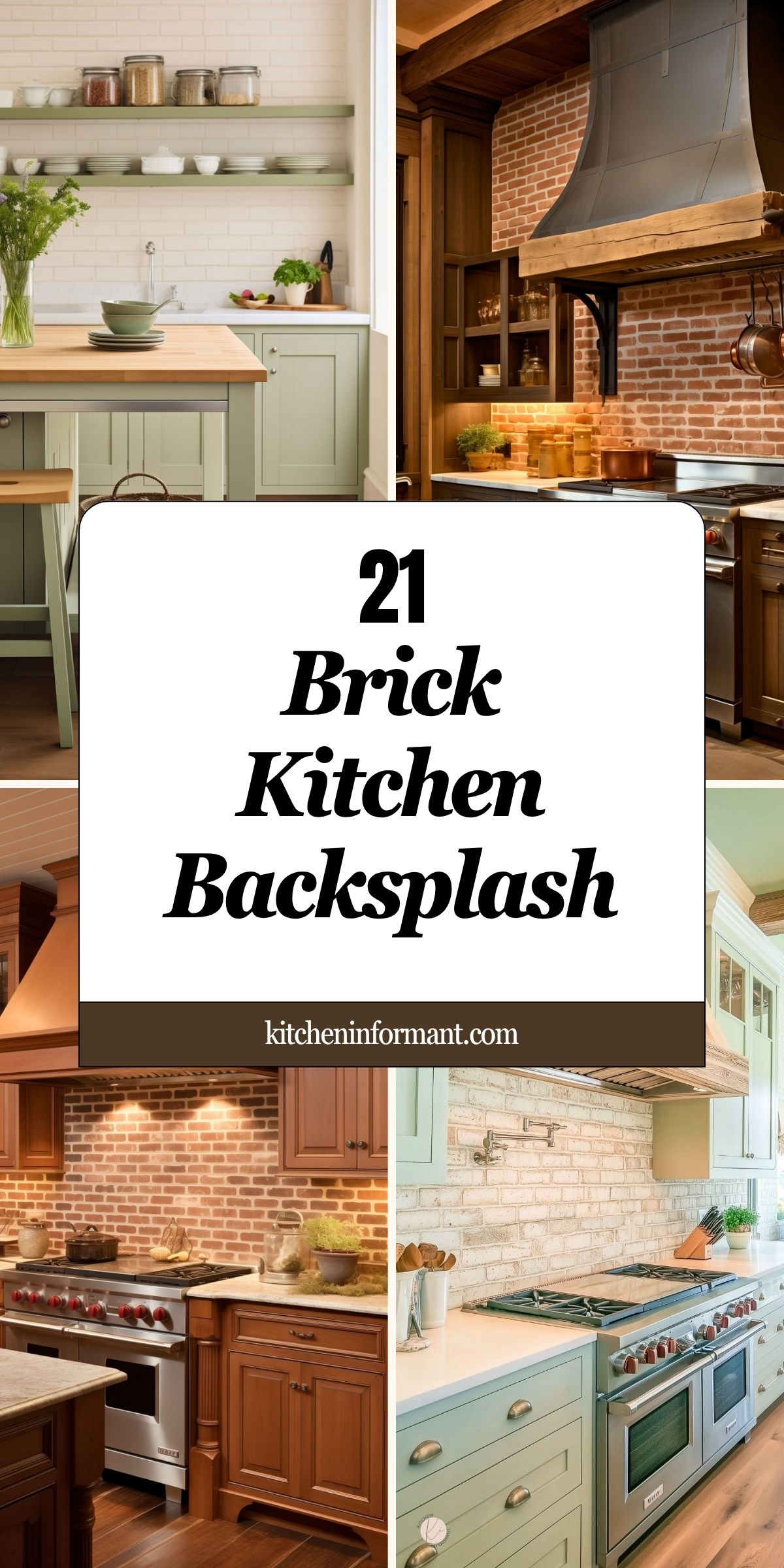 Collage of four kitchen design ideas with brick backsplashes, including sage green, warm wood, and white cabinetry. Center text reads “21 Brick Kitchen Backsplash” and bottom text says “kitcheninformant.com.”