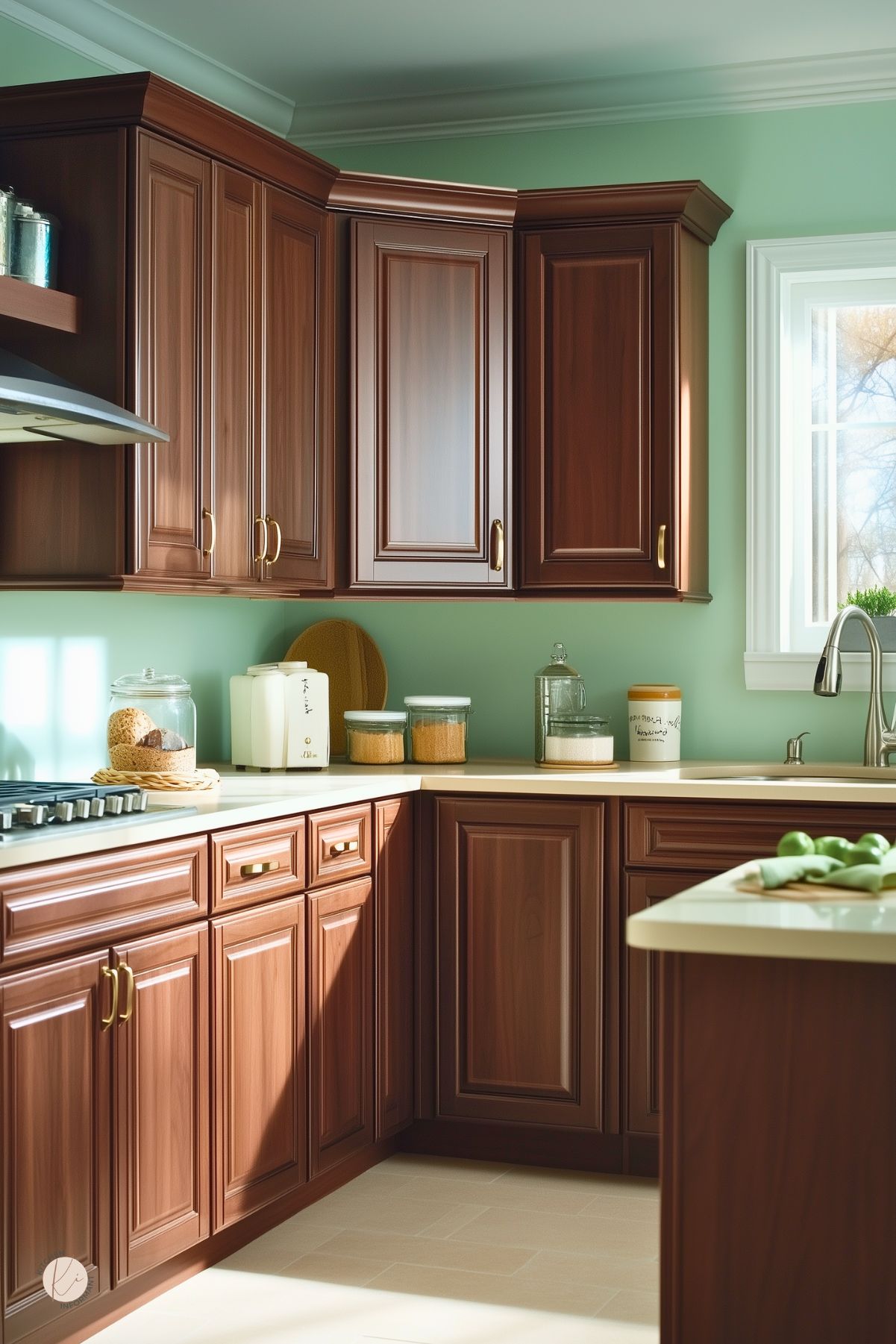 Traditional brown kitchen with rich wood cabinets, brass hardware, and soft mint green walls. Light countertops and pale flooring brighten the space, while a stainless faucet, simple canisters, and a few green apples on the island add fresh contrast to the warm kitchen design.