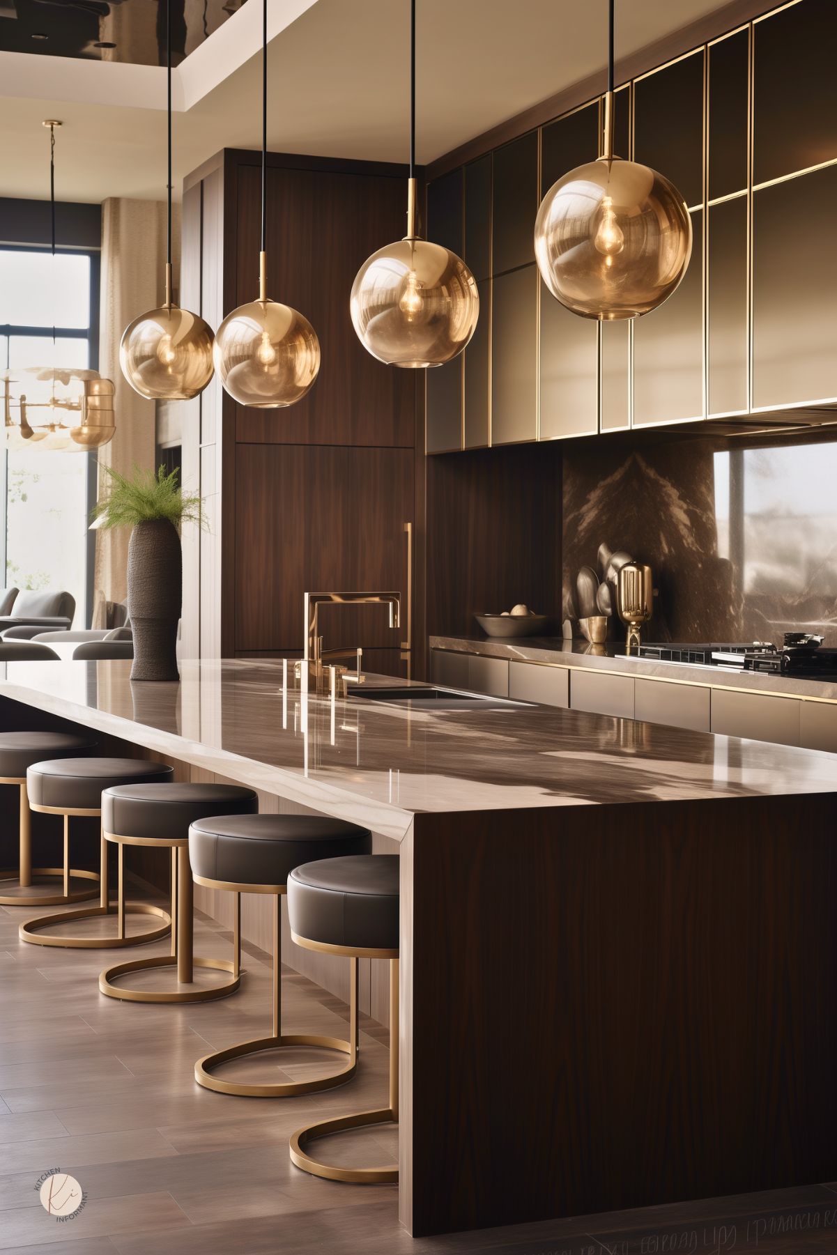 Luxury brown kitchen with dark wood cabinetry, a long waterfall island, and glossy marble countertops. Large amber glass pendant lights hang above black and gold bar stools, while sleek bronze-toned upper cabinets and a dark stone backsplash add a dramatic modern feel. Gold faucet and warm wood flooring complete the upscale kitchen design.