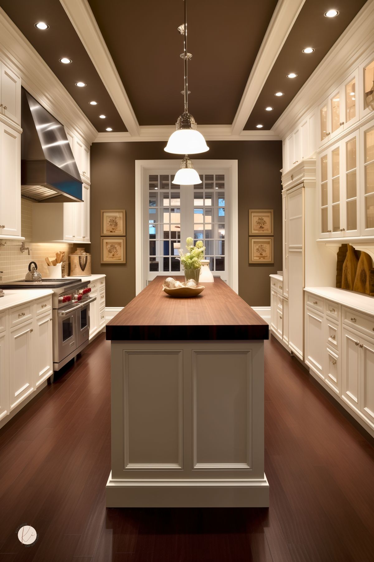 Elegant brown and white kitchen with cream inset cabinets, dark brown walls, and rich wood flooring. A long island with a thick butcher block countertop runs through the center beneath pendant lights and a coffered brown ceiling with recessed lighting. Stainless range hood, glass-front cabinets, and framed wall art add a classic upscale look.