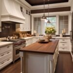 Brown and white kitchen with classic white cabinetry, a dark wood island countertop, and matching rich wood floors. A dark brown ceiling and backsplash add contrast, while pendant lights, a large white range hood, and stainless range give the space a polished traditional kitchen look.