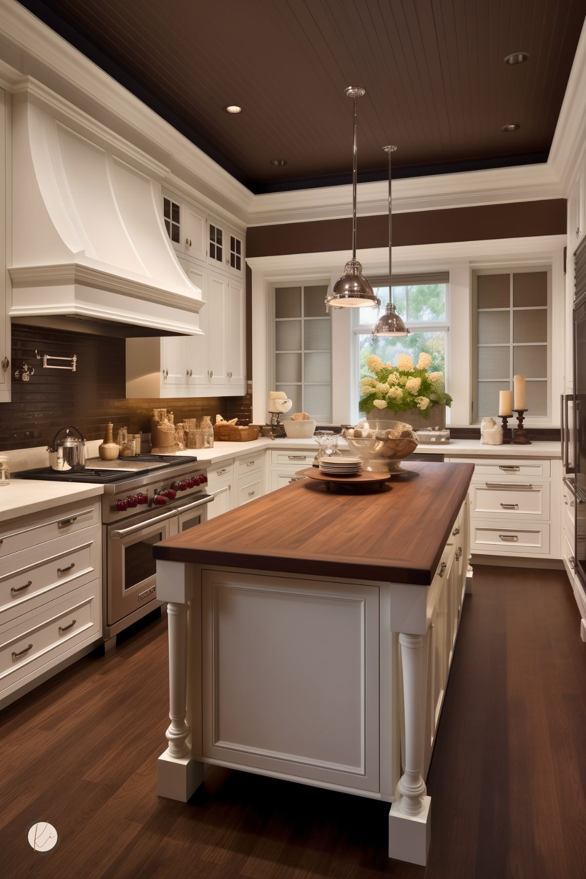 Brown and white kitchen with classic white cabinetry, a dark wood island countertop, and matching rich wood floors. A dark brown ceiling and backsplash add contrast, while pendant lights, a large white range hood, and stainless range give the space a polished traditional kitchen look.