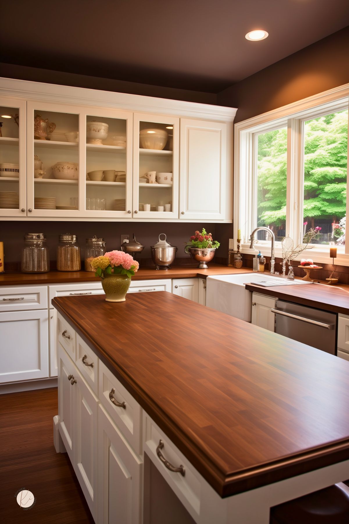 Brown and white kitchen with white cabinets, glass-front uppers, and rich wood countertops. A large butcher block island anchors the space, while dark brown walls and ceiling add warmth. Farmhouse sink under a big window, stainless dishwasher, canisters, flowers, and copper-toned accents give it a cozy traditional kitchen feel.