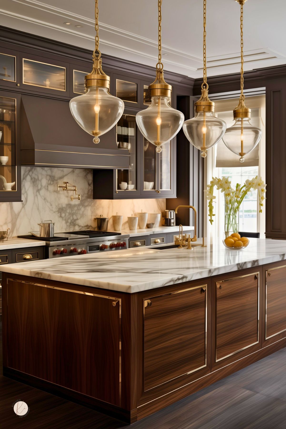 Luxury brown kitchen with dark wood cabinets, a large marble waterfall island, and brass trim throughout. Four oversized glass pendant lights hang above the island, with matching brass faucet and hardware adding warmth. Marble backsplash, dark flooring, and rich wood grain give the space an upscale modern kitchen feel.
