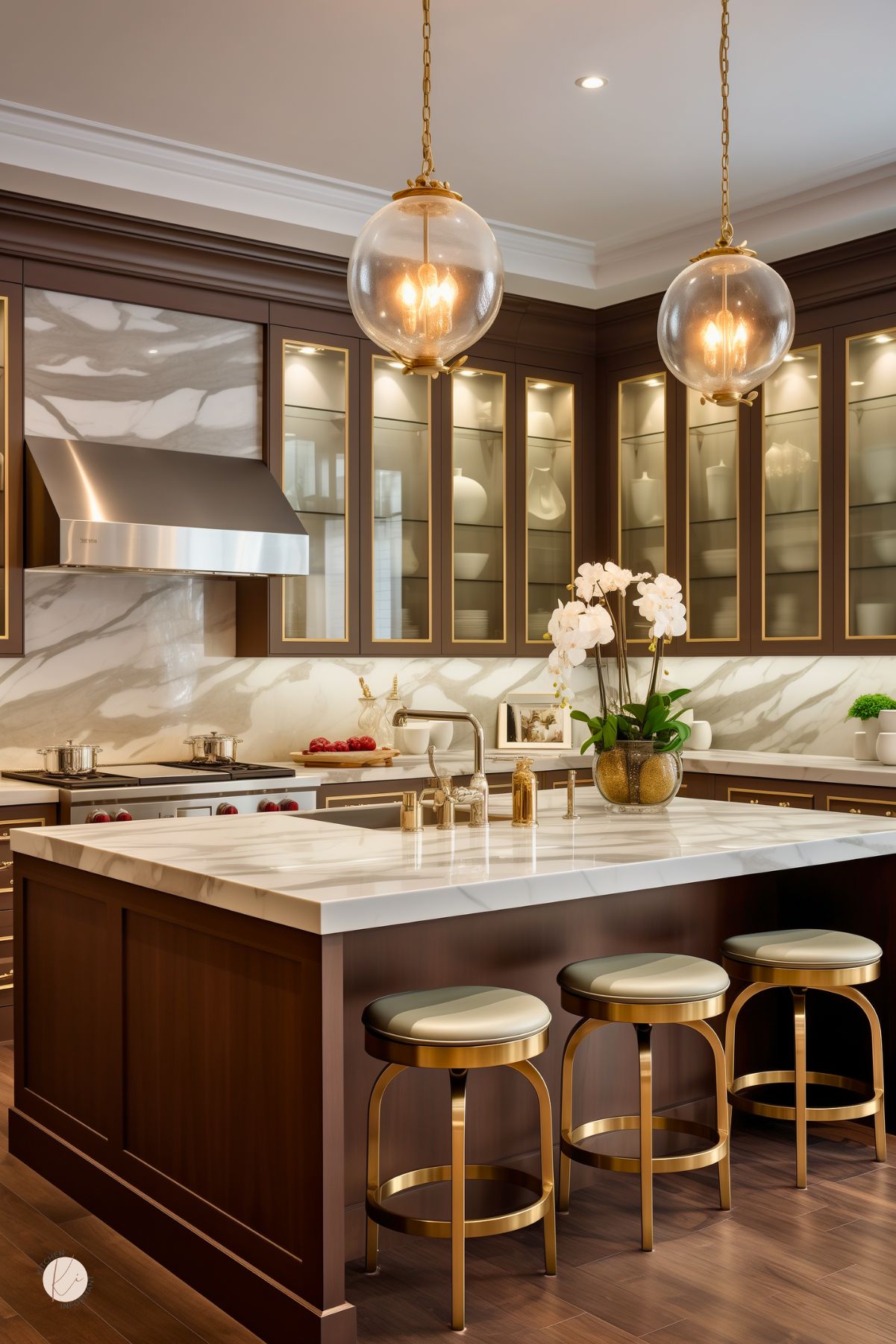 Luxury brown kitchen with dark wood cabinets, glass-front uppers, and a white marble island. Brass globe pendant lights hang above cream and gold bar stools, while a marble backsplash, stainless range hood, gold faucet, and white orchids add a polished upscale feel.