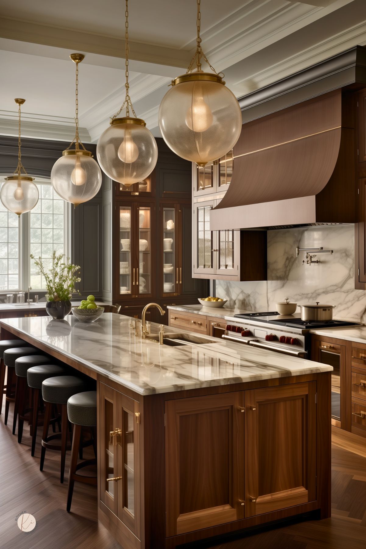 Luxury brown kitchen with rich wood cabinets, a large marble island, and brass faucet and hardware. Oversized globe pendant lights hang above black stools, while a marble backsplash, paneled range hood, and glass-front cabinets add an elegant upscale kitchen design.