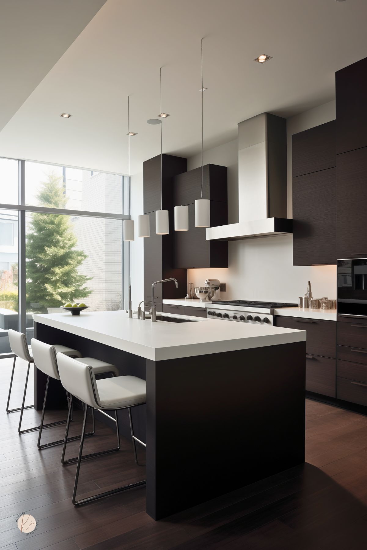 Modern brown kitchen with dark espresso cabinets, a sleek white waterfall island, and white bar stools. Minimal pendant lights and a stainless range hood keep the space clean and contemporary, while floor-to-ceiling windows and dark wood floors add contrast and natural light.