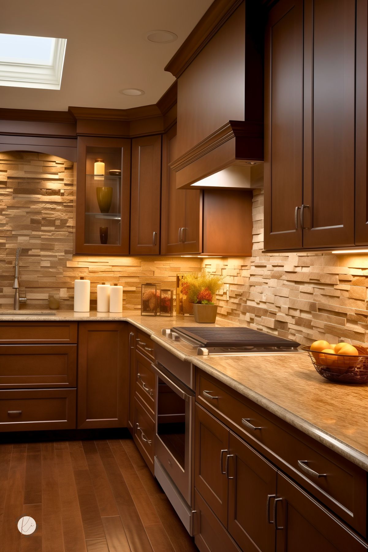 Warm brown kitchen with dark wood cabinets, crown molding, and a beige stacked stone backsplash. Light stone countertops wrap around a built-in cooktop and wall oven, with under-cabinet lighting adding a cozy glow. Skylight, glass-front display cabinet, wood floor, and a fruit bowl on the counter.