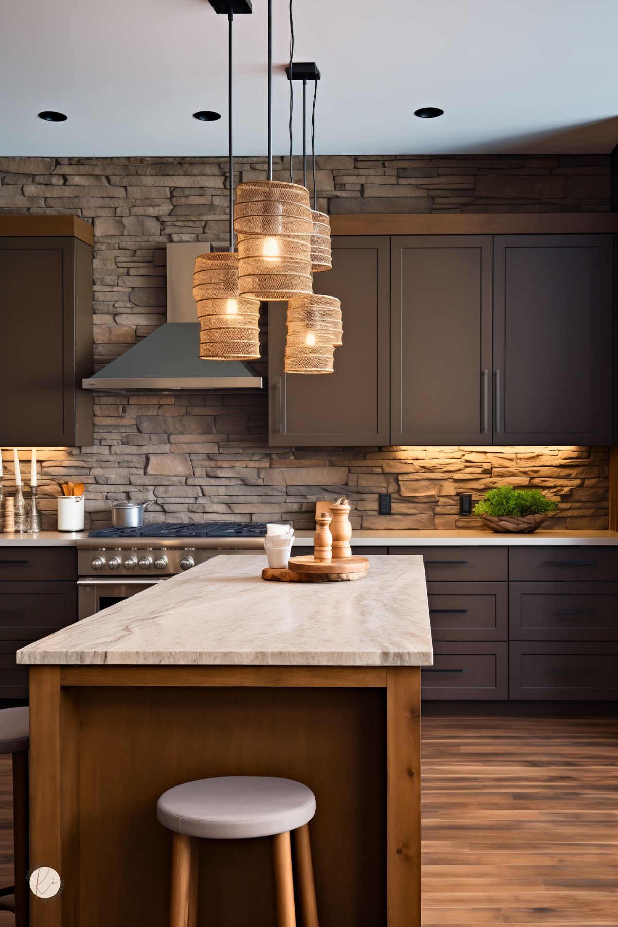 Brown kitchen with dark taupe cabinets, stacked stone backsplash, and warm wood flooring. A wood island with a light stone countertop sits beneath woven pendant lights, while under-cabinet lighting adds a soft glow. Stainless range hood and stove, simple decor, and neutral stools create a modern rustic kitchen design.