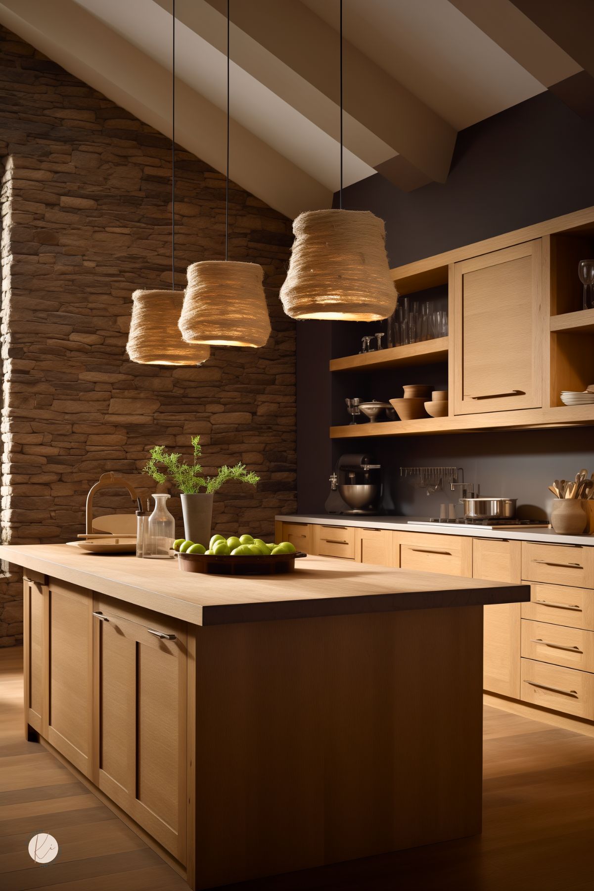 Brown kitchen with light wood cabinets, a large wood island, and a tall stacked stone accent wall. Three woven pendant lights hang above the island, while open shelving, slim black hardware, and warm wood floors add a clean rustic modern feel. Bowl of green apples and simple decor complete the cozy kitchen design.