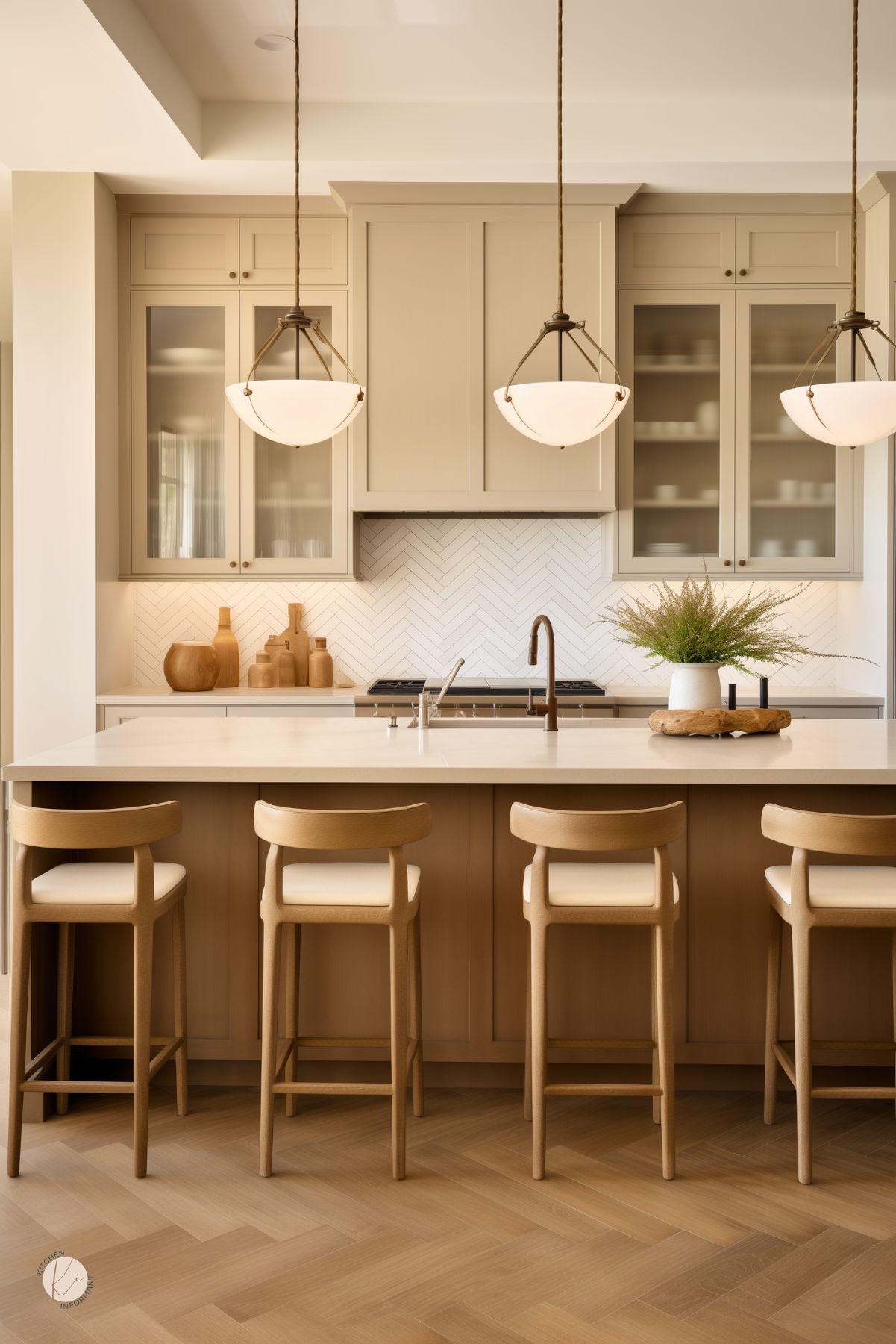 Light brown kitchen with warm beige cabinets, a large white island, and matching wood bar stools. White herringbone backsplash, pale wood flooring, and soft pendant lights keep the space bright, while bronze faucet and simple natural decor add a clean modern organic feel.