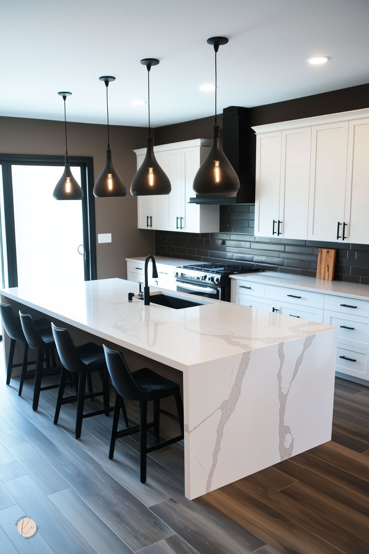 Brown and white kitchen with white shaker cabinets, black subway tile backsplash, and a large white waterfall island with gray veining. Four black pendant lights hang above black bar stools, while dark wood-look floors and a black faucet add contrast to the modern kitchen design.