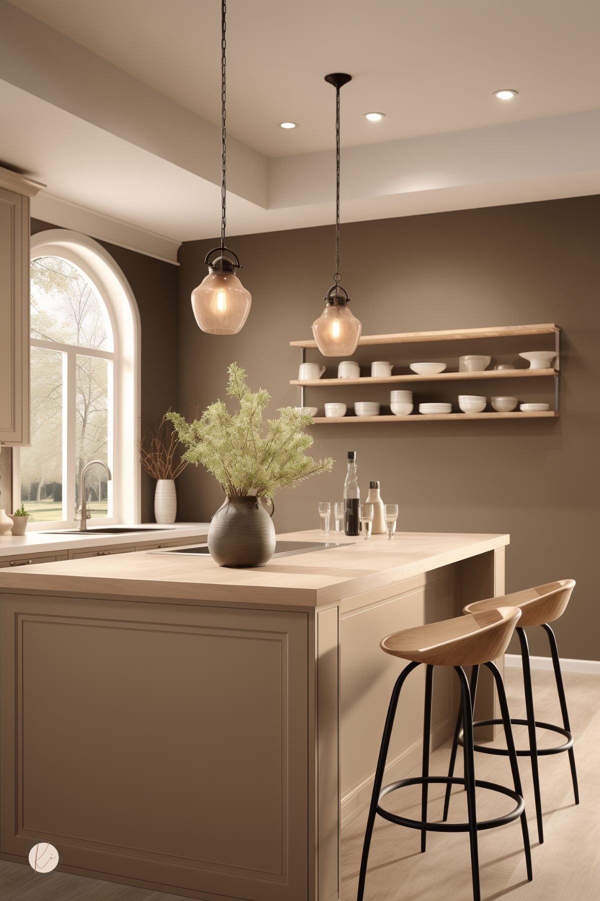 Soft brown kitchen with taupe cabinets, a light wood island, and warm mocha walls. Two glass pendant lights hang above the island, paired with curved wood and black metal bar stools. Arched window, open wall shelves with white dishes, pale wood floor, and a vase of greenery create a calm modern kitchen design.