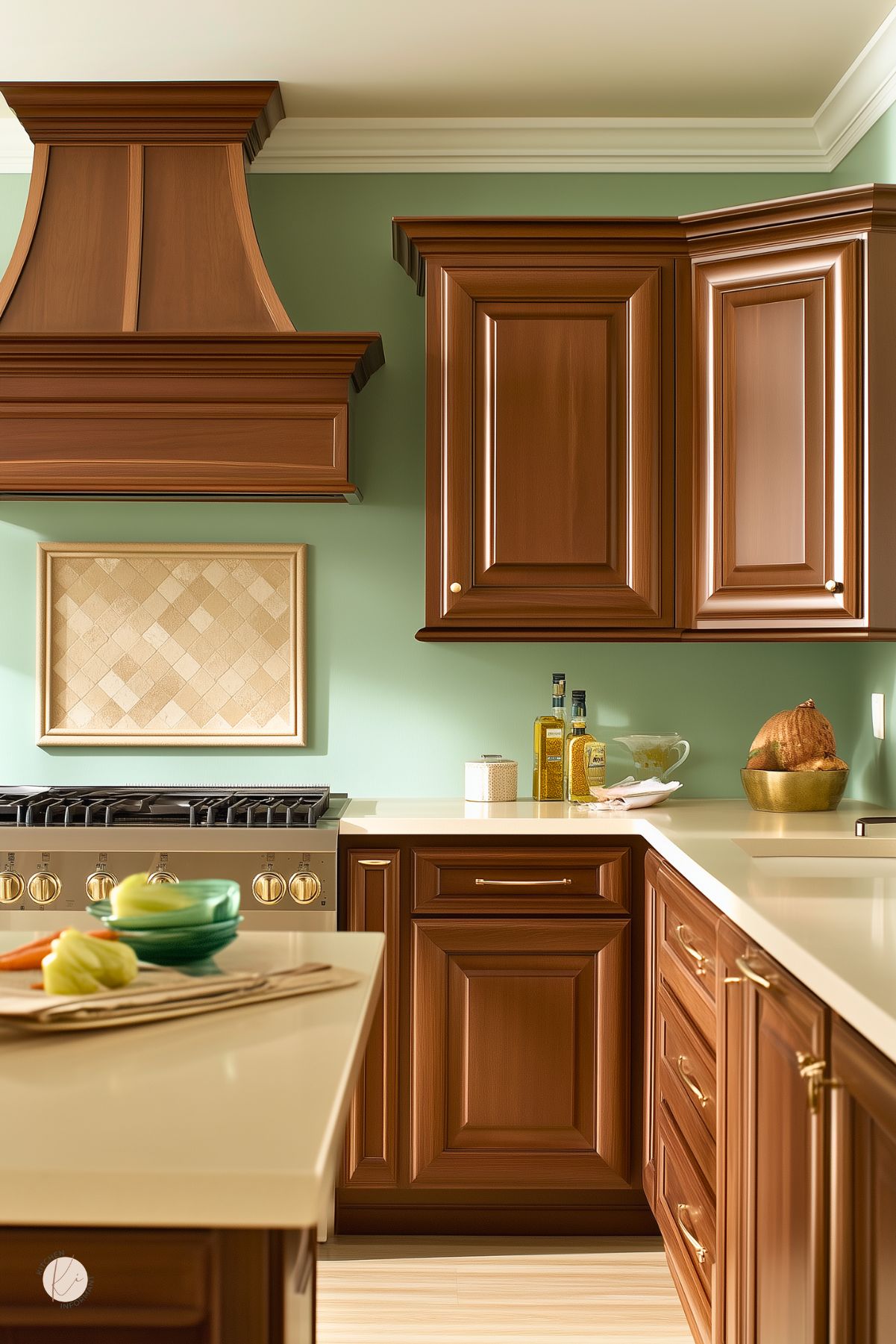 Traditional brown kitchen with raised-panel wood cabinets, decorative range hood, and sage green walls. Cream countertops and light flooring brighten the space, while brass hardware adds warmth. Stainless gas range, framed tile accent, and a few countertop items including oil bottles, bowls, and produce complete the classic kitchen design.