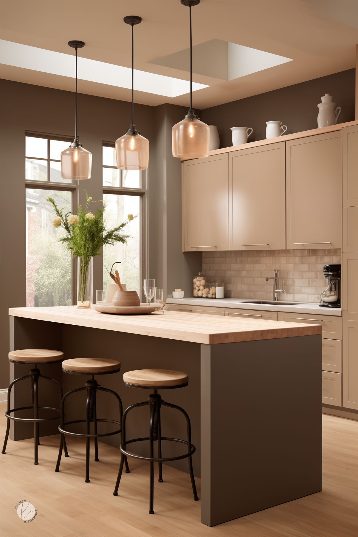 Brown kitchen with taupe flat-panel cabinets, a dark brown island base, and a light wood countertop. Three glass pendant lights hang over black metal stools with wood seats. Beige tile backsplash, pale wood floor, tall windows, and a skylight keep the modern kitchen bright and warm.