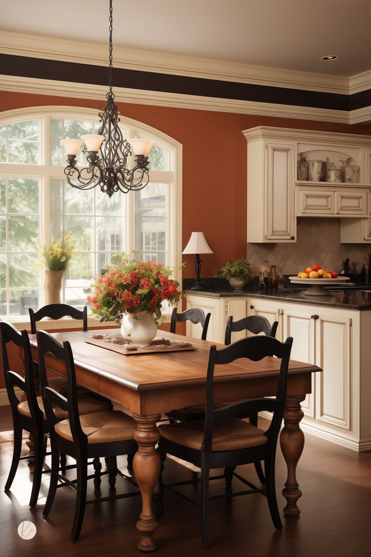 Traditional brown kitchen dining area with terracotta-brown walls, cream cabinets, black countertops, and dark wood floors. A large wood dining table with black chairs sits under an ornate chandelier, with a bright arched window, floral centerpiece, and a fruit tray on the counter adding warm classic style.