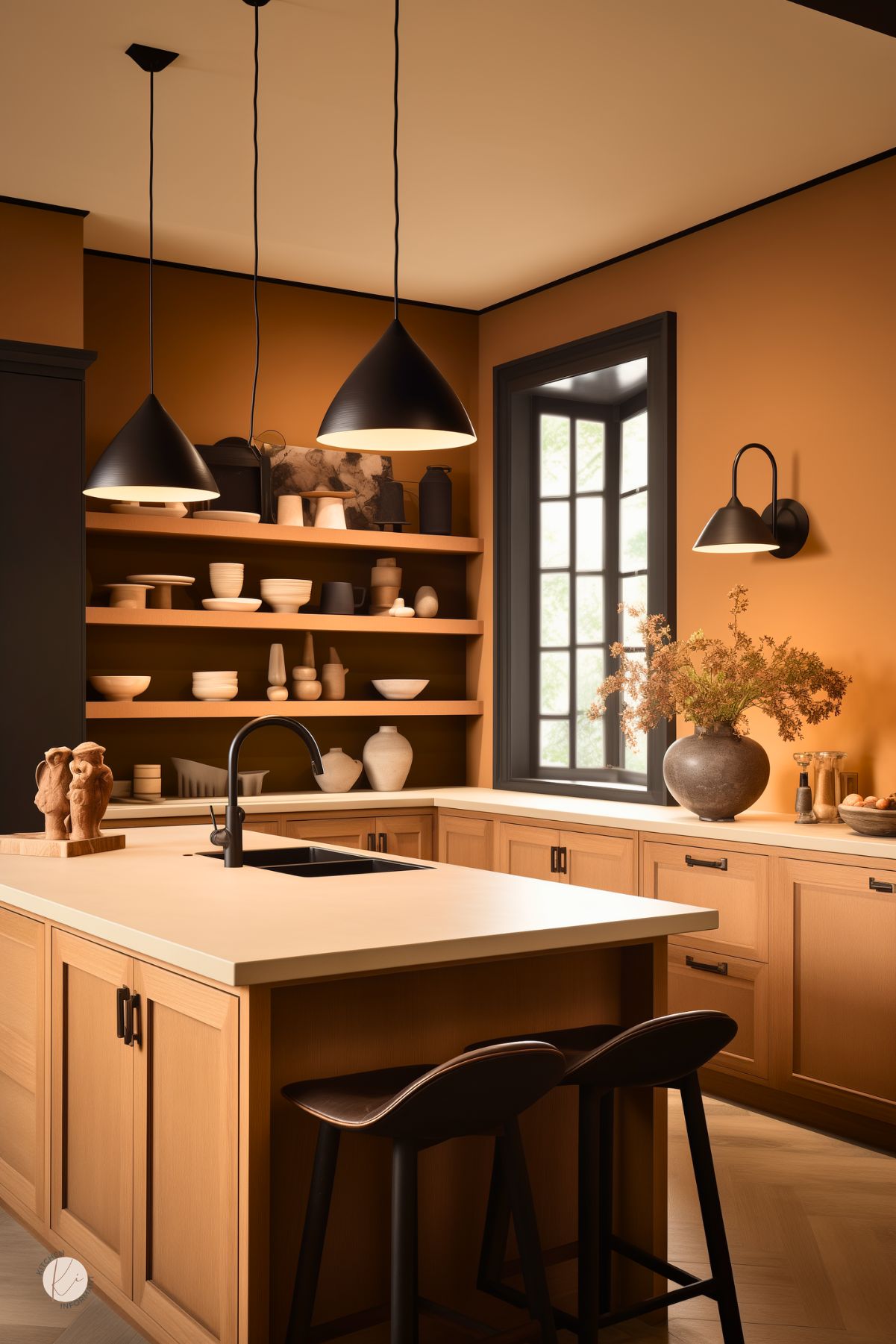 Modern brown kitchen with warm tan walls, light wood cabinets, and a large white waterfall island with a black sink and faucet. Black pendant lights, matching wall sconce, open shelving with neutral pottery, black window trim, and dark bar stools create a clean, cozy kitchen design.