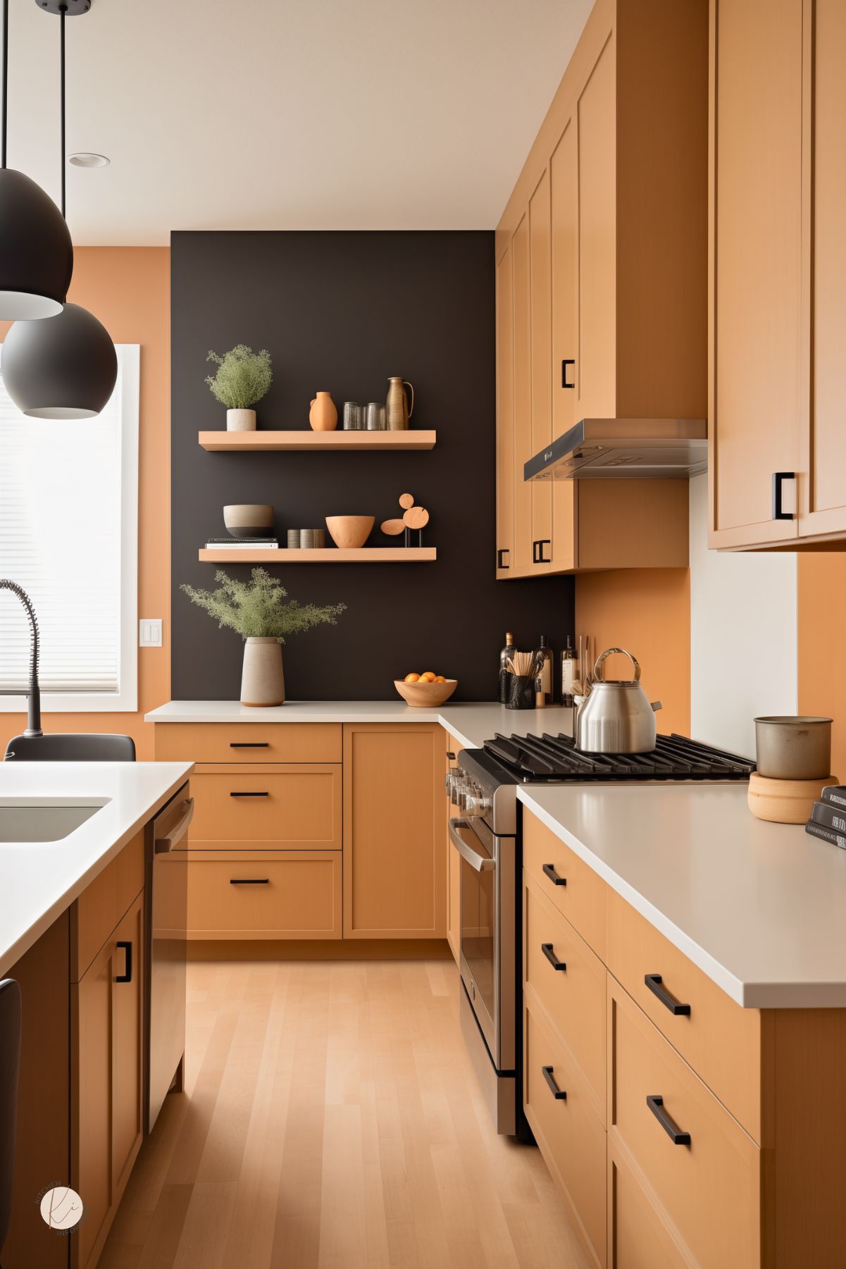 Modern brown kitchen with light wood cabinets, white countertops, and matte black hardware. A dark accent wall with floating wood shelves adds contrast behind the stove, while black pendant lights and a black faucet tie the space together. Stainless gas range, pale wood floor, and simple neutral decor create a warm contemporary kitchen design.