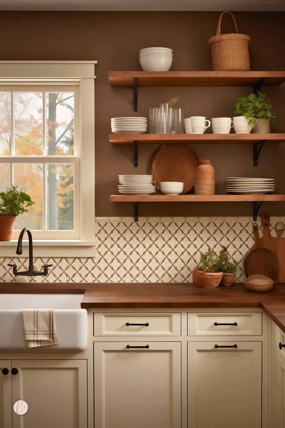 Brown kitchen with warm chocolate walls, cream shaker cabinets, and dark wood countertops. Open wood shelves hold white dishes, mugs, glassware, baskets, and plants above a patterned tile backsplash. White farmhouse sink with black faucet sits under a window with autumn trees outside, creating a cozy rustic kitchen feel.