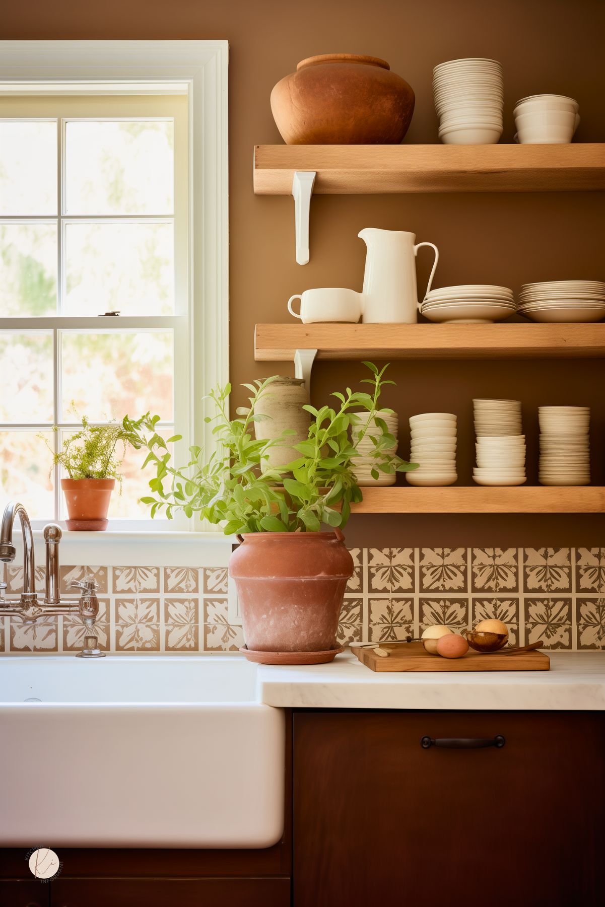 Brown kitchen with warm cinnamon walls, dark wood lower cabinets, and open wood shelves styled with white dishes, pottery, and stacked cups. A white farmhouse sink sits under a bright window beside a patterned tile backsplash, potted herbs, and a small tray with eggs, giving the space a cozy rustic kitchen feel.