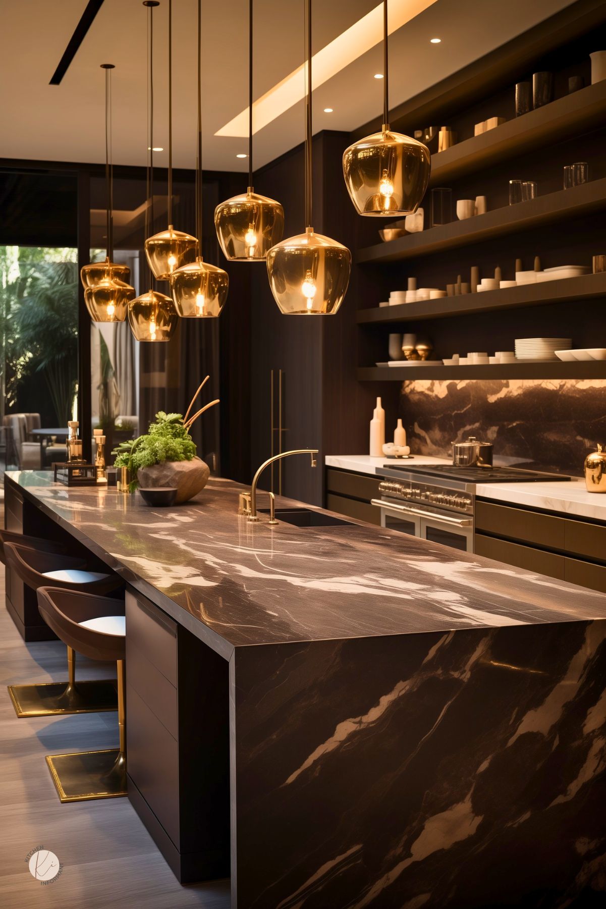 Luxury brown kitchen with a dramatic dark marble waterfall island, black cabinetry, and warm gold accents. Multiple amber glass pendant lights hang above the island, with open shelving, a gold faucet, built-in range, and dark stone backsplash creating a sleek modern kitchen design.