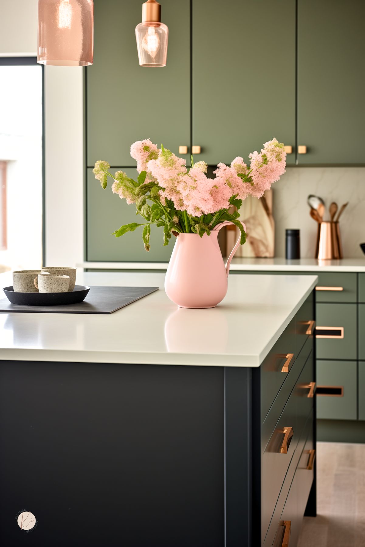 Modern sage green kitchen with flat-panel cabinets, brass hardware, and a white waterfall island. A blush pink pitcher vase filled with soft pink flowers sits on the countertop, paired with pink glass pendant lights. Black island base and a tray with ceramic cups add contrast. Small Kitchen Informant logo at bottom left.