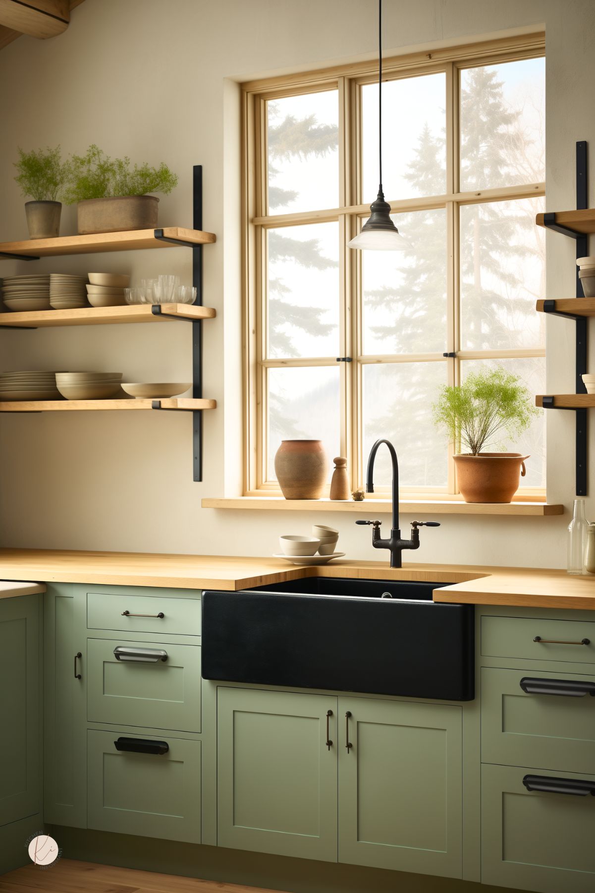 Sage green kitchen with a black farmhouse sink, black faucet, butcher block countertops, and open wood shelves with black brackets. Large wood-trimmed window brings in soft natural light, with simple pottery and greenery on the sill and shelves. Faint “Kitchen Informant” watermark at bottom left.