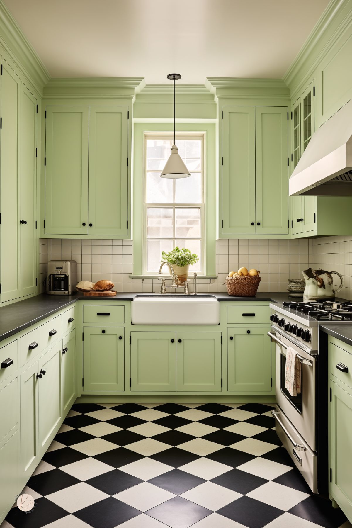 Sage green kitchen with black countertops, black hardware, and bold black and white checkered floor tile. White farmhouse sink sits under a centered window, with tall shaker cabinets, a stainless gas range, and a white vent hood creating a clean vintage-inspired look. Faint “Kitchen Informant” watermark at bottom left.