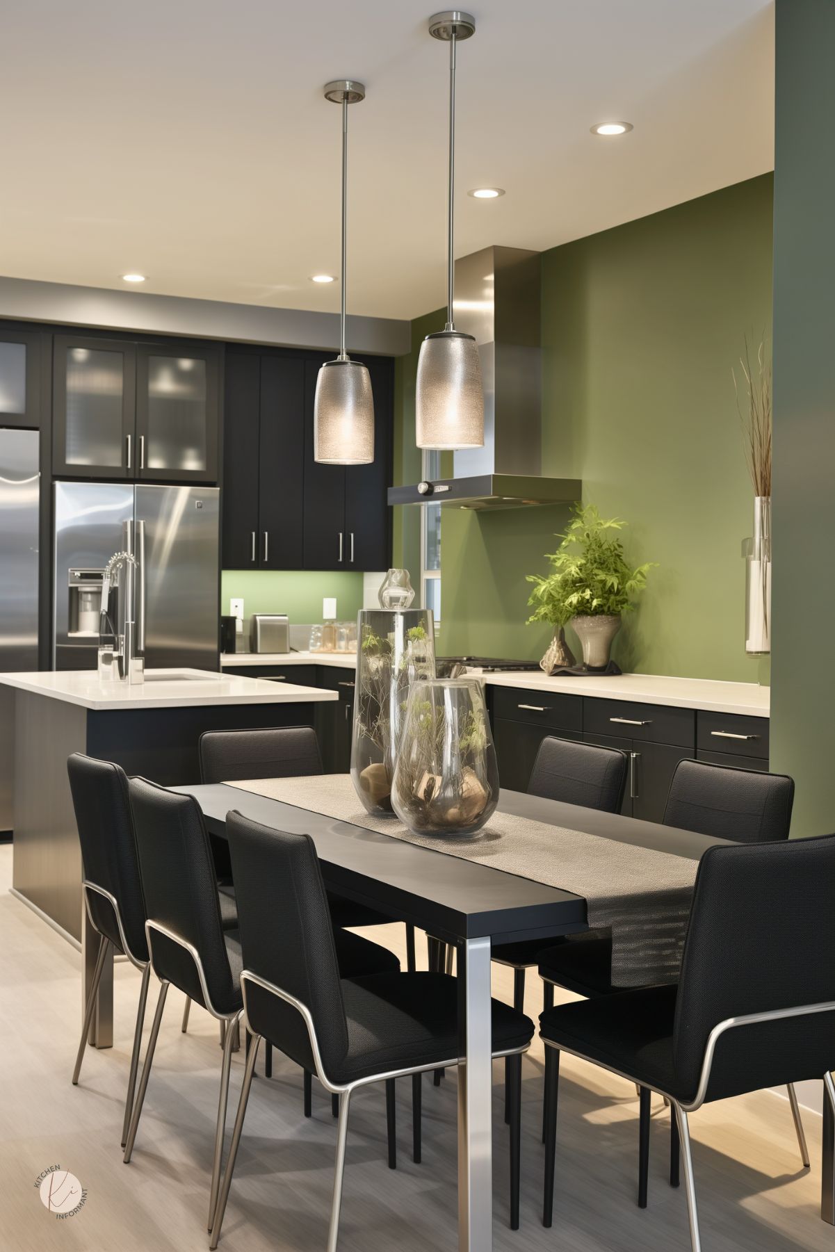 Modern black and sage green kitchen with sleek flat-panel cabinets, stainless steel appliances, white countertops, and a matching dining table with black chairs. Two glass pendant lights hang above, while greenery and tall glass vases soften the clean contemporary design. Faint “Kitchen Informant” watermark at bottom left.