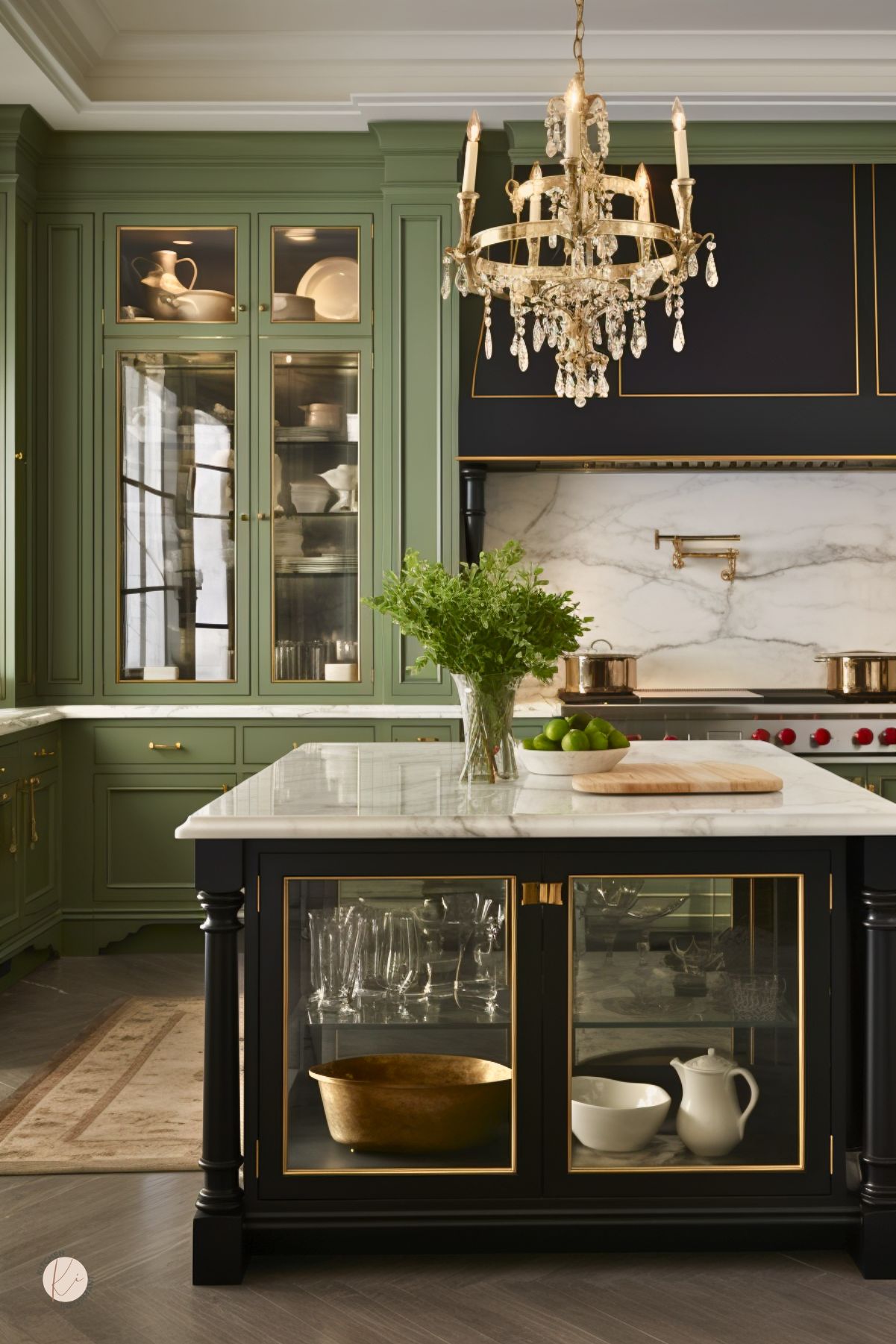 Elegant sage green and black kitchen with glass-front cabinets, brass trim, marble countertops, and a black island with glass doors. Crystal chandelier hangs above, with a marble backsplash, brass pot filler, and luxury range in the background. Fresh greenery and limes style the island. Faint “Kitchen Informant” watermark at bottom left.