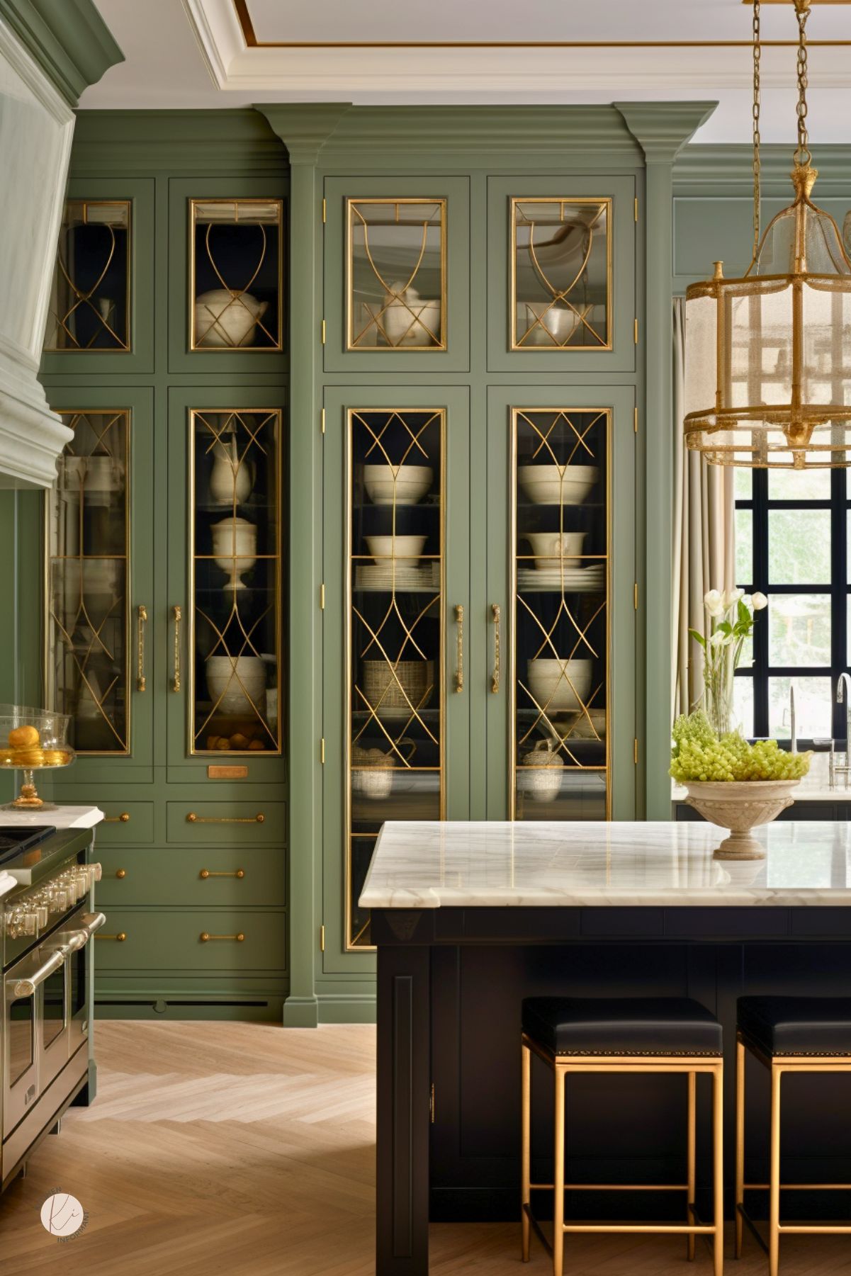 Luxury sage green and black kitchen with tall glass-front cabinets, brass lattice detailing, a black island with marble countertop, and black bar stools with gold frames. Brass hardware, warm wood floors, and a statement lantern pendant complete the elegant kitchen design. Faint “Kitchen Informant” watermark at bottom left.