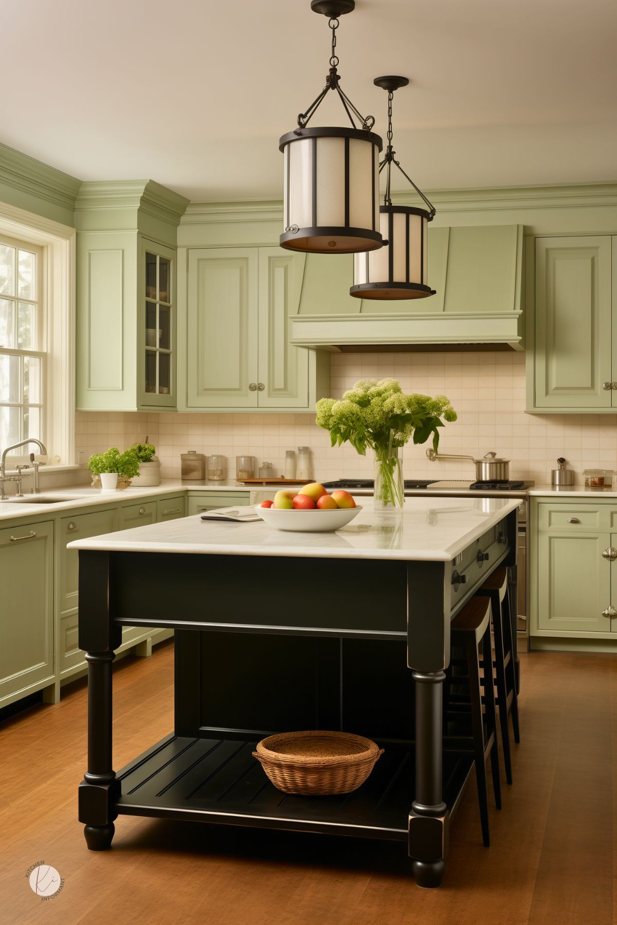 Sage green and black kitchen with a large black island, white countertop, and two oversized lantern pendant lights. Pale sage cabinets, white tile backsplash, wood floors, and black stools create a soft traditional look. Vase of green hydrangeas and a bowl of fruit style the island. Faint “Kitchen Informant” watermark at bottom left.