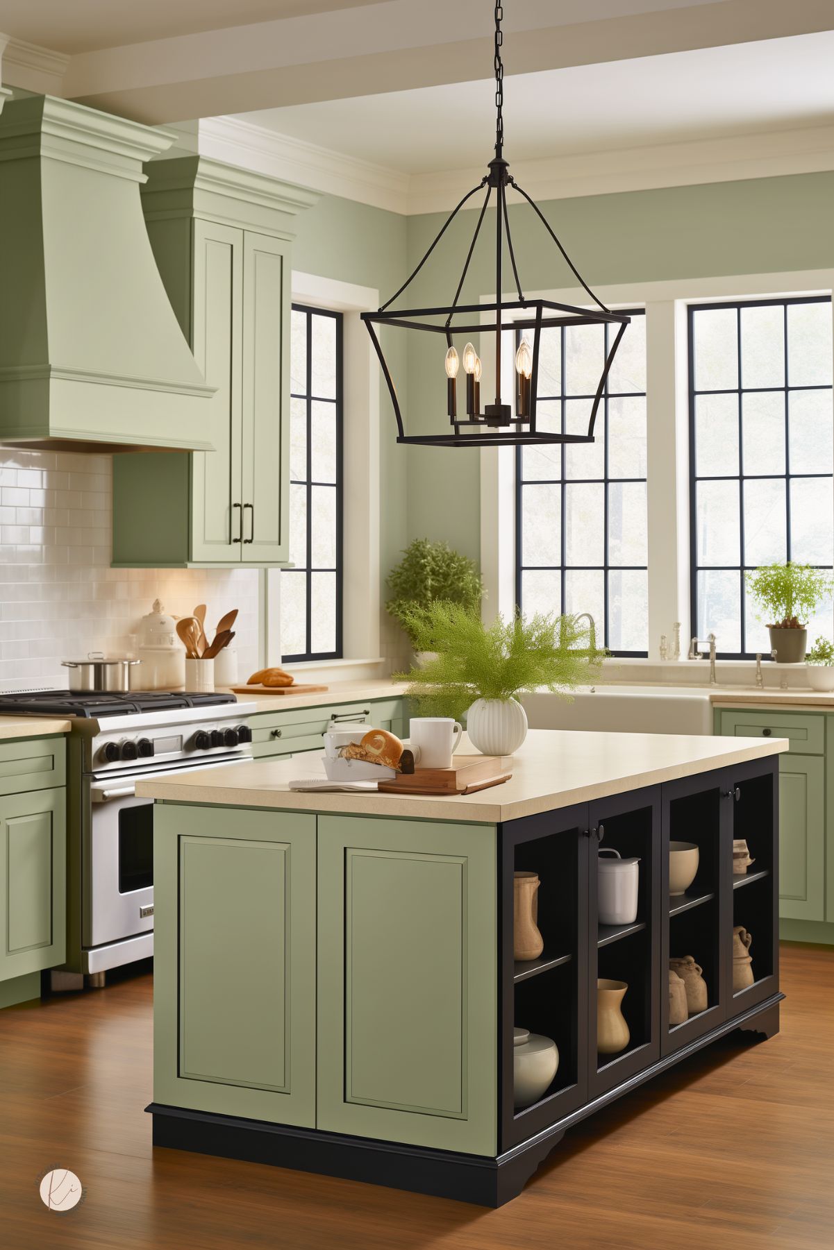 Sage green and black kitchen with a two-tone island, open black shelving, white countertop, and large black lantern pendant light. Pale sage shaker cabinets, white farmhouse sink, black grid windows, and warm wood floors create a bright modern farmhouse look. Faint “Kitchen Informant” watermark at bottom left.