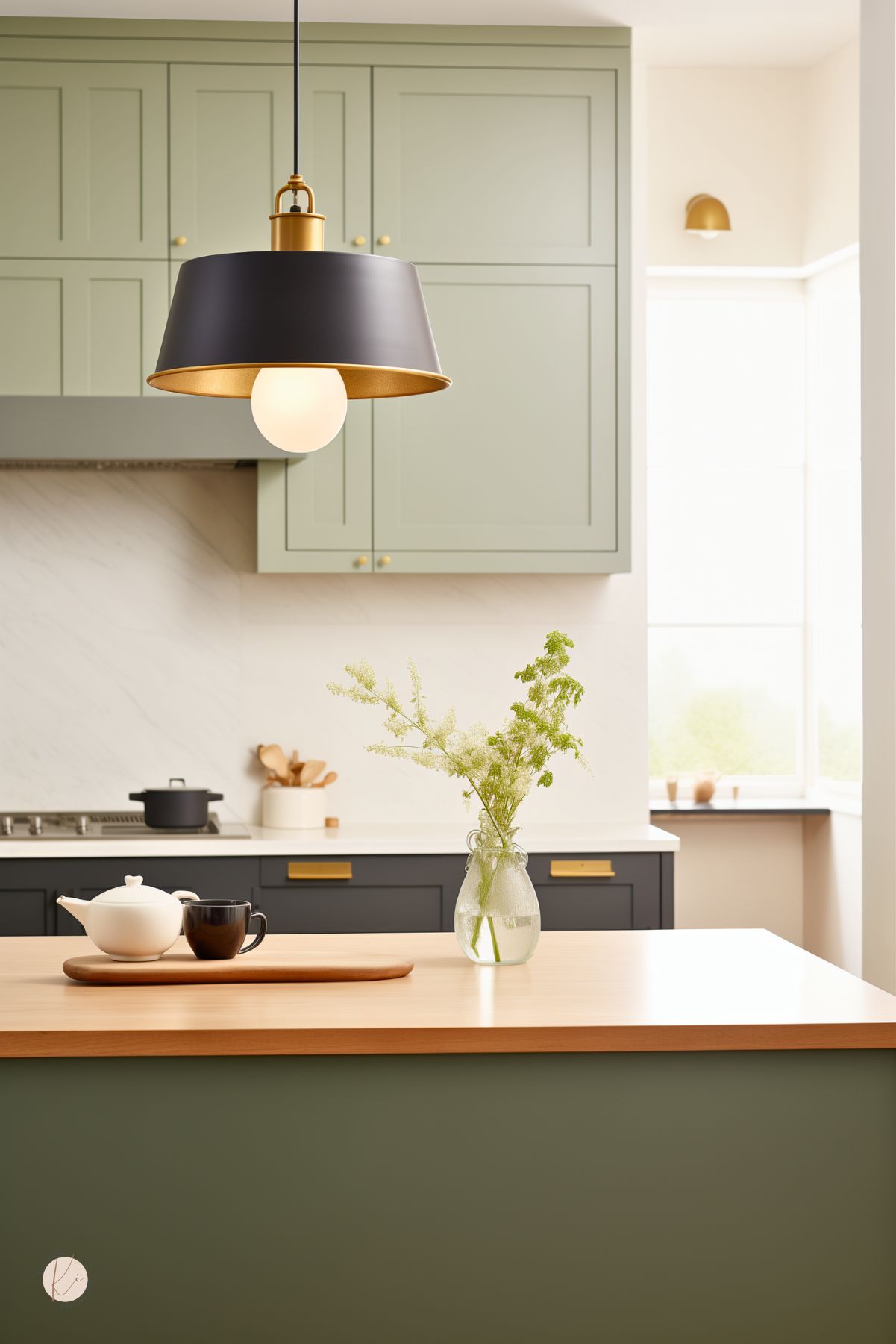 Minimal sage green and black kitchen with shaker cabinets, brass hardware, a pale wood island, and a black pendant light with gold interior. White backsplash and soft natural light keep the space bright, while a teapot, mug, and small vase of greenery add simple styling. Faint “Kitchen Informant” watermark at bottom left.