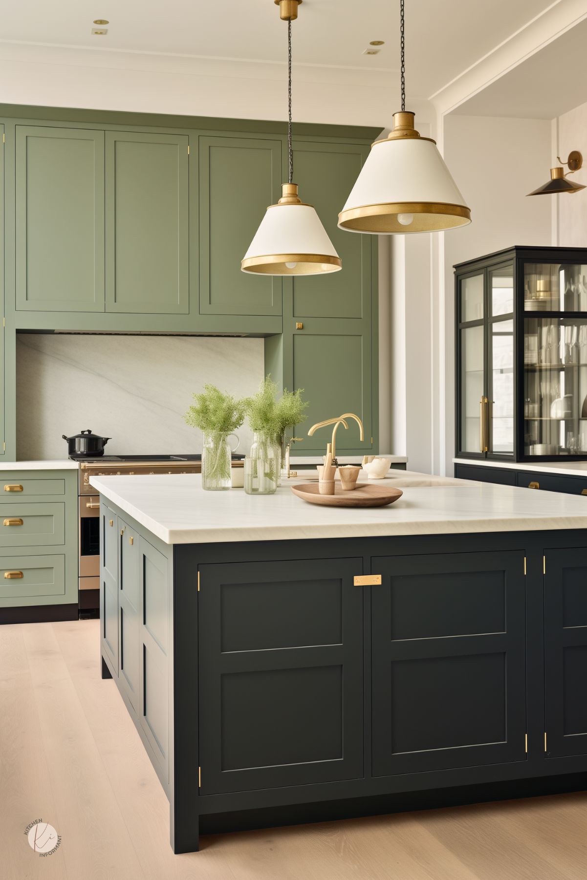 Sage green and black kitchen with a large black island, white countertop, brass faucet, and white pendant lights with gold trim. Sage shaker cabinets, brass hardware, light wood floors, and a black glass-front cabinet create a polished, upscale kitchen design. Faint “Kitchen Informant” watermark at bottom left.