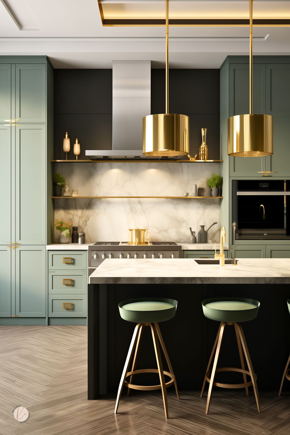 Sage green and black kitchen design with brass accents, featuring shaker cabinets, a black island with a white marble countertop, gold pendant lights, green bar stools, and a marble backsplash behind a stainless range hood. Herringbone wood floor and built-in wall oven on the right. Faint watermark text reads “Kitchen Informant.”