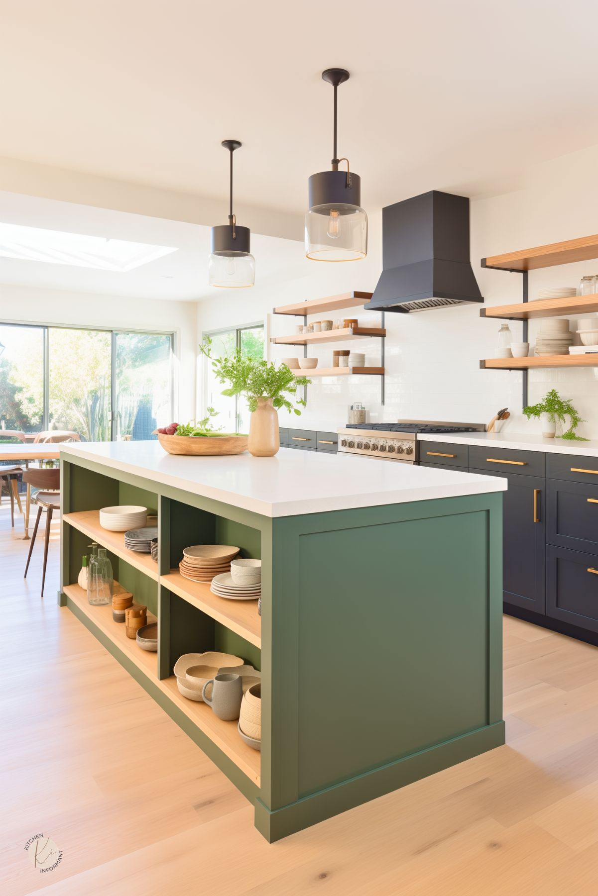 Modern sage green and black kitchen with an open-shelf island, white waterfall countertop, black lower cabinets, and a black range hood. Light wood shelves and floors add warmth, while glass pendant lights and brass hardware give the space a clean, contemporary finish. Faint “Kitchen Informant” watermark at bottom left.