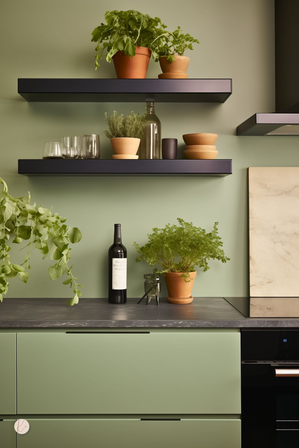 Sage green kitchen with matte black floating shelves, dark countertop, and simple modern cabinetry. Terracotta potted herbs, glassware, wooden bowls, a wine bottle, and trailing greenery add a fresh organic feel. Pale stone backsplash on the right and faint “Kitchen Informant” watermark at bottom left.