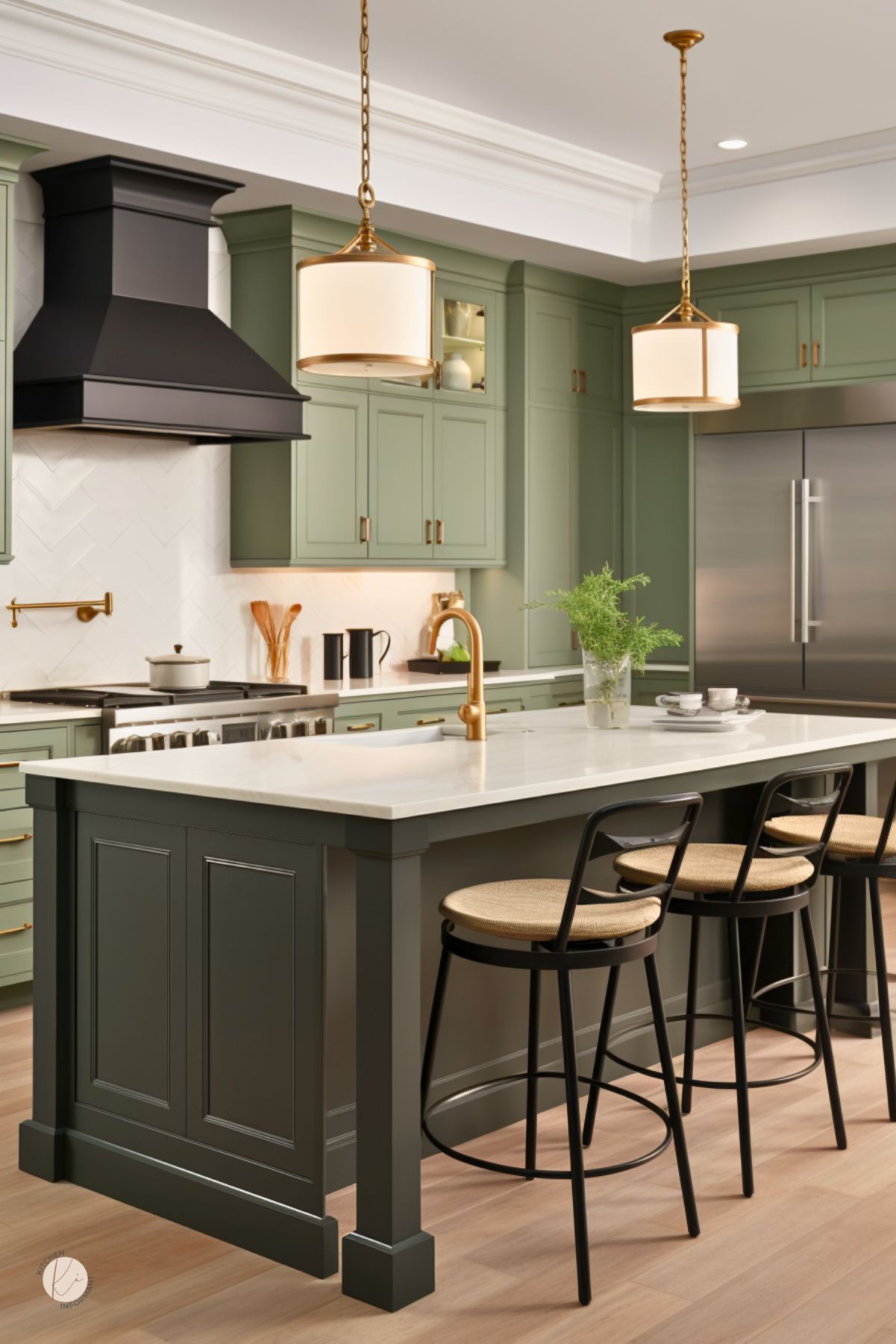 Sage green and black kitchen with a dark island, white quartz countertop, brass faucet, and gold pendant lights. Sage shaker cabinets, black range hood, stainless refrigerator, and woven-seat black bar stools create a warm transitional kitchen design. Faint “Kitchen Informant” watermark at bottom left.