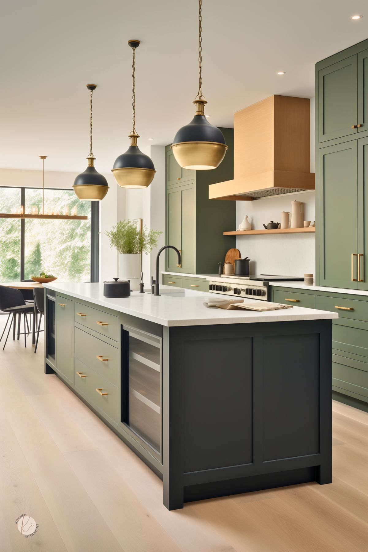 Modern sage green and black kitchen with a large black island, white countertop, brass hardware, and black-and-gold pendant lights. Sage cabinets, light wood floors, a wood vent hood, and open shelving create a warm upscale look. Black faucet and built-in beverage fridge add sleek function. Faint “Kitchen Informant” watermark at bottom left.