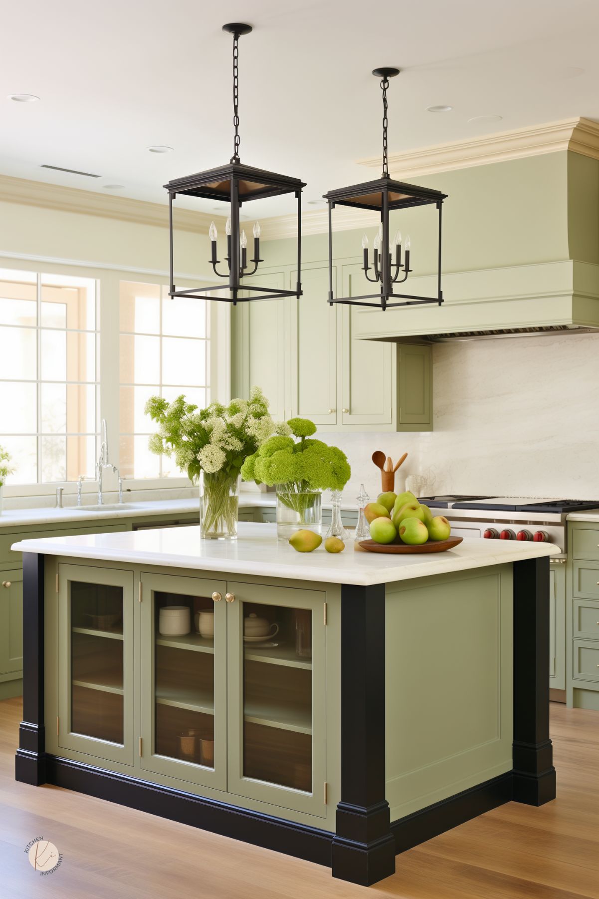 Sage green and black kitchen with a white island countertop, glass-front island cabinets, and black trim. Two black lantern pendant lights hang overhead, while pale sage cabinetry, a marble backsplash, wood floors, and fresh green flowers and pears create a bright classic kitchen design. Faint “Kitchen Informant” watermark at bottom left.