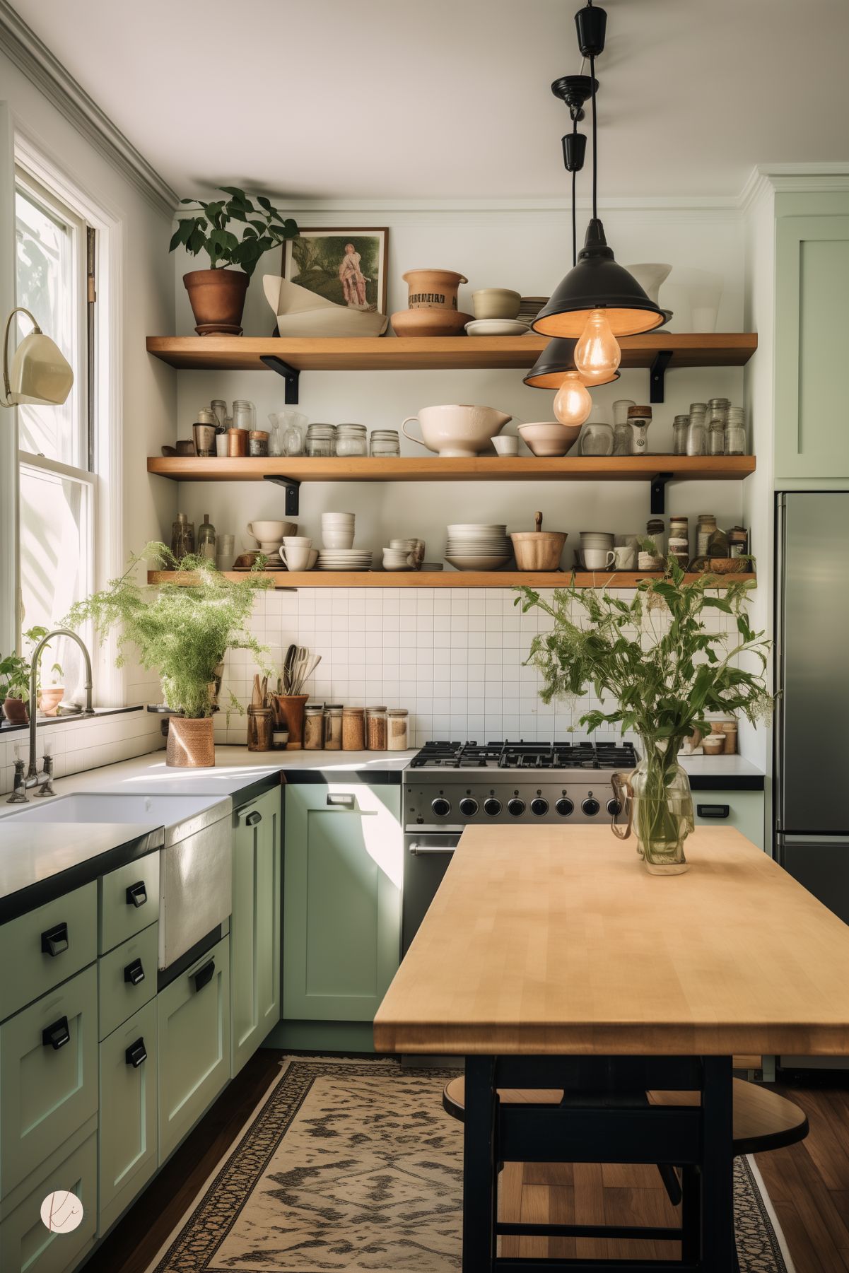 Cozy sage green and black kitchen with open wood shelves, a butcher block island, black pendant lights, and a white farmhouse sink. Shelves are filled with dishes, jars, bowls, and decor, while fresh greenery and warm wood tones add cottage charm. Stainless range and refrigerator on the right. Faint “Kitchen Informant” watermark at bottom left.