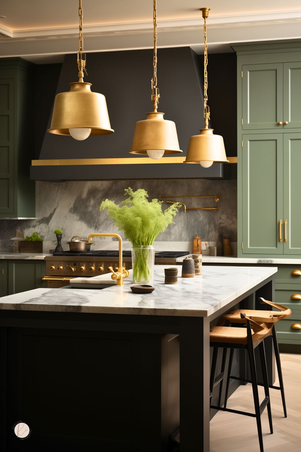 Black and sage green kitchen with brass pendant lights, sage shaker cabinets, a black range hood, and a black island topped with white marble. Gold faucet and hardware match the warm accents, while wood bar stools tuck under the island. Marble backsplash and a vase of airy green stems add a soft touch. Faint “Kitchen Informant” watermark at bottom left.