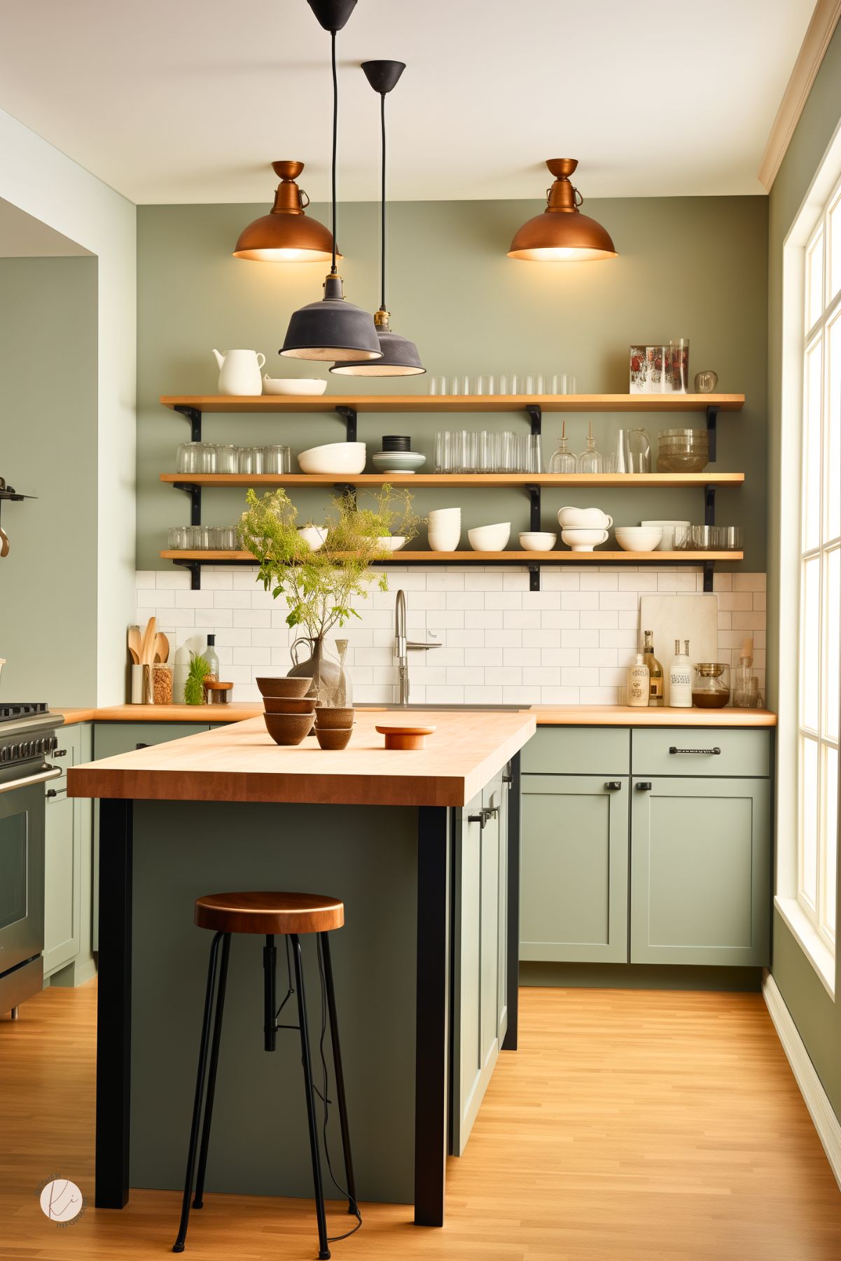 Sage green kitchen with open wood shelving, white subway tile backsplash, butcher block island, and black metal accents. Copper and black pendant lights hang above the island, with glassware, white dishes, and simple decor on the shelves. Large window on the right brings in natural light. Faint “Kitchen Informant” watermark at bottom left.
